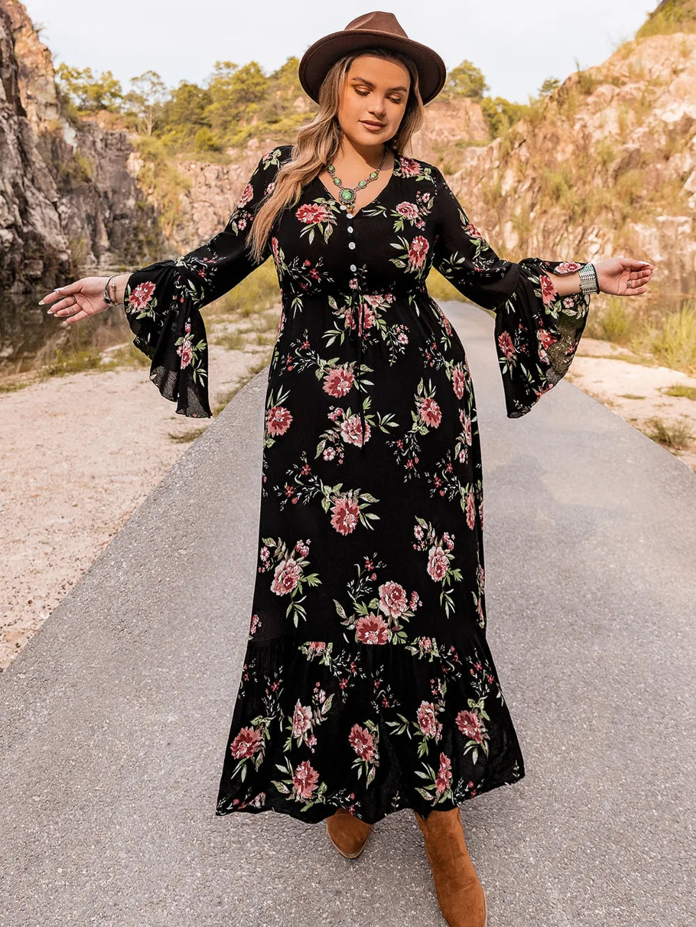 Floral Flare Sleeve Dress in Black