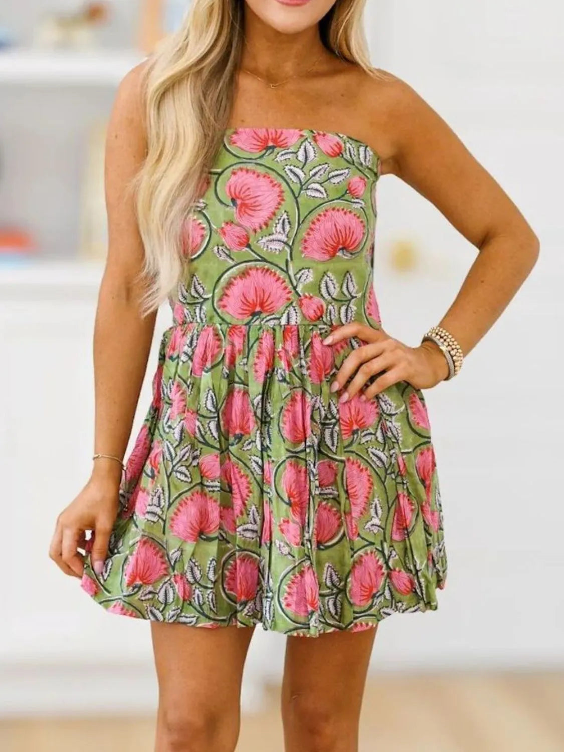 Printed Smocked Tube Mini Dress
