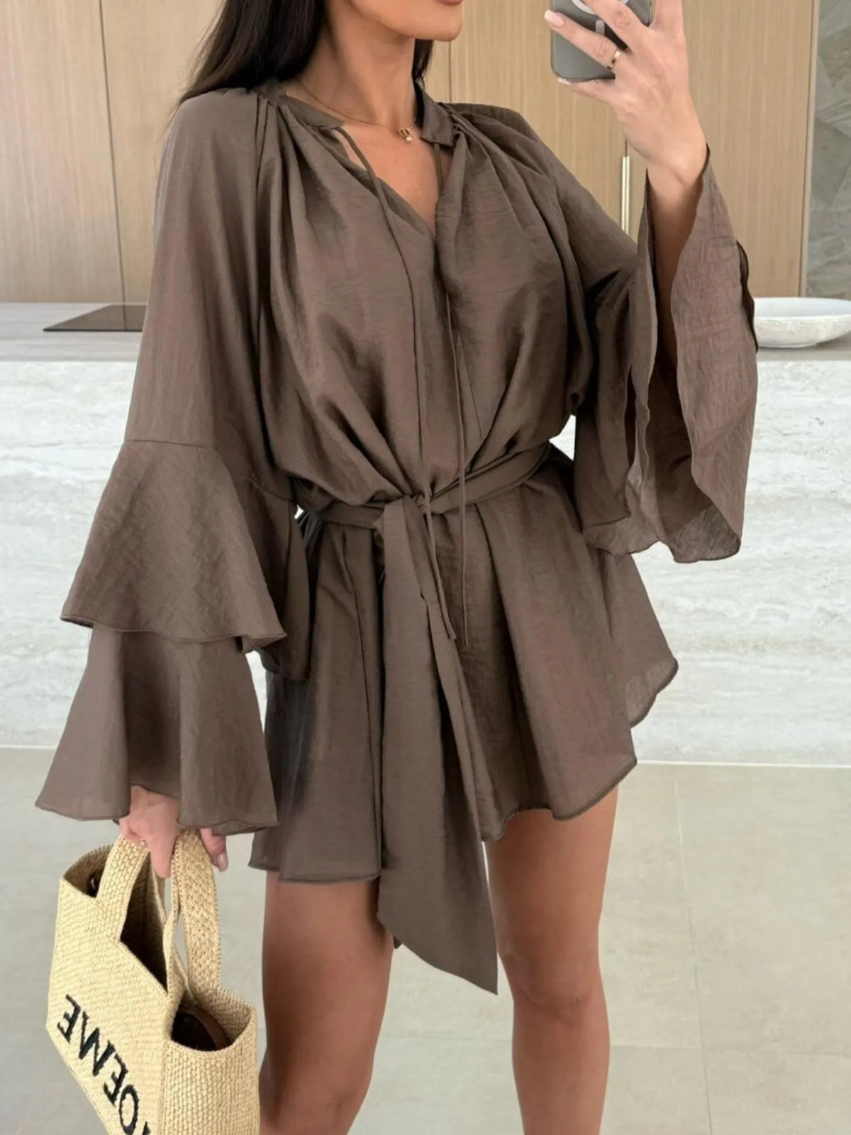 Bell Sleeve Tie-Waist Mini Shirt Dress