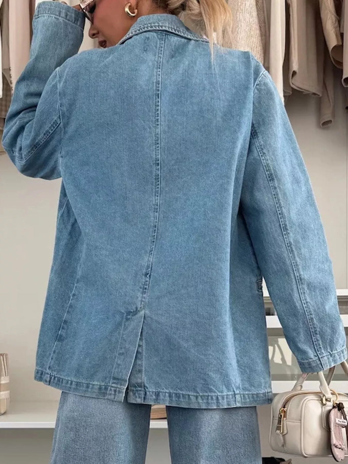 Lapel Collar Denim Jacket in Light Blue