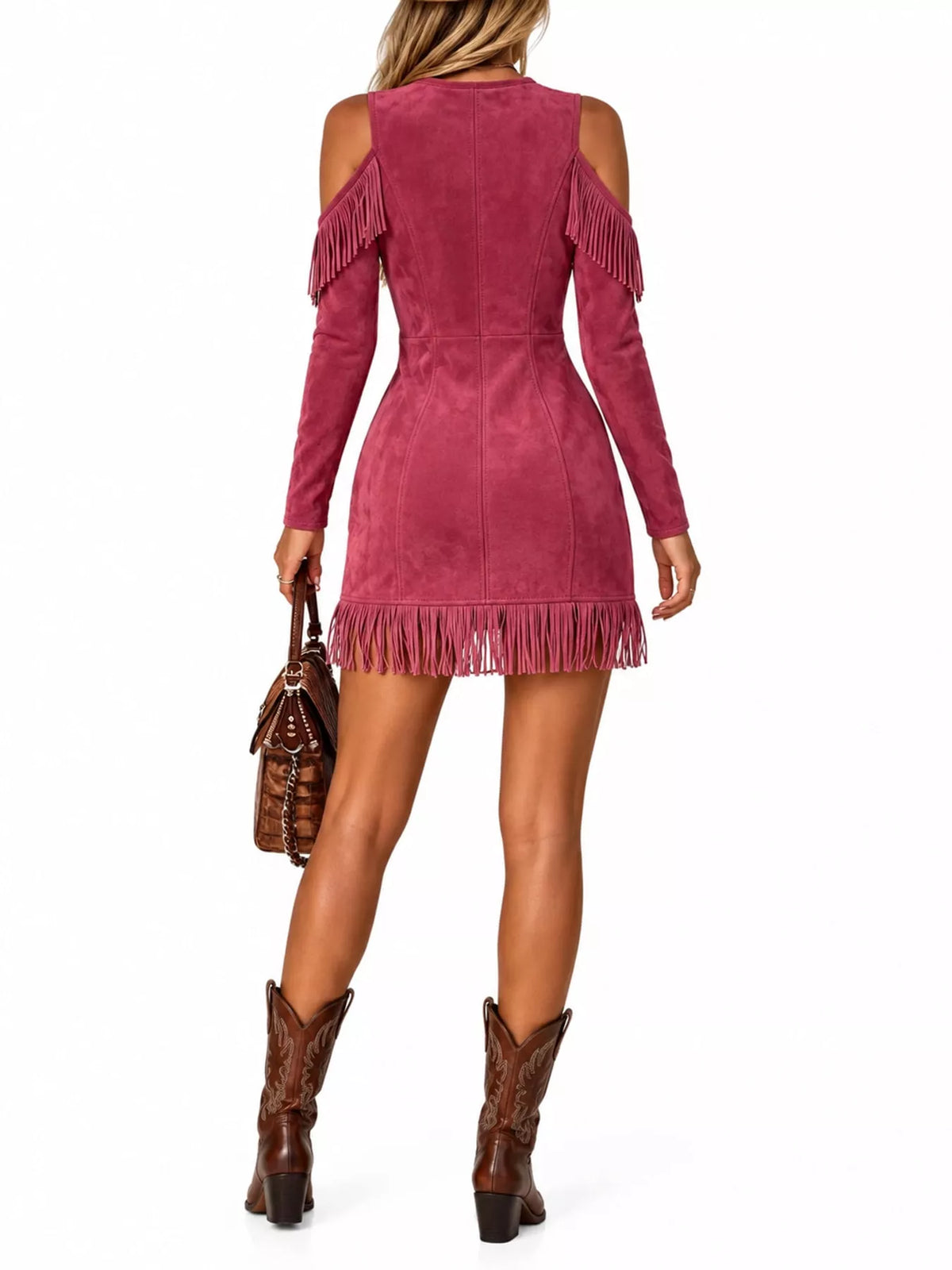 Fringed Cold-Shoulder Zip-Front Mini Dress