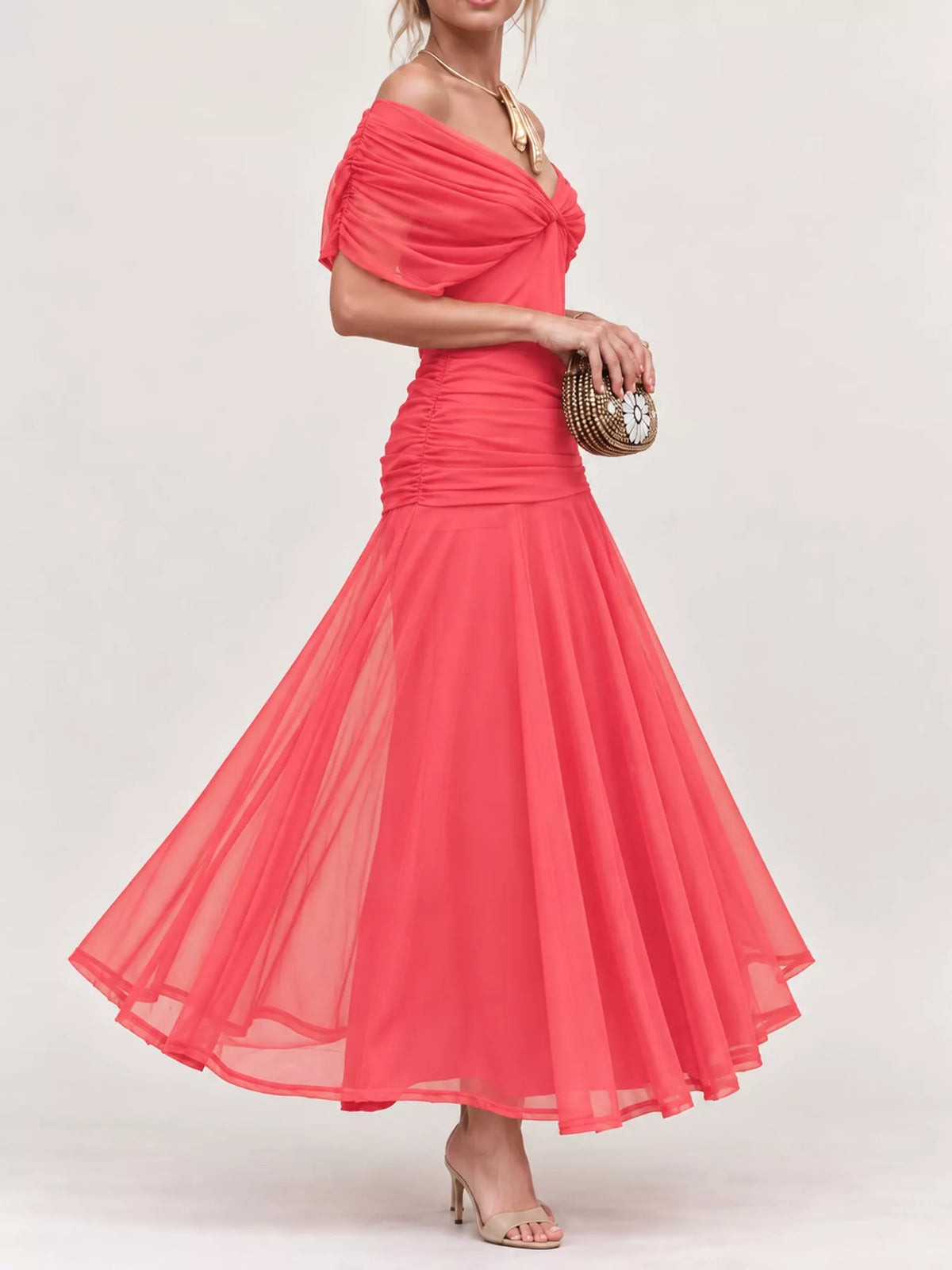 Off-Shoulder Ruched Tulle Evening Maxi Dress