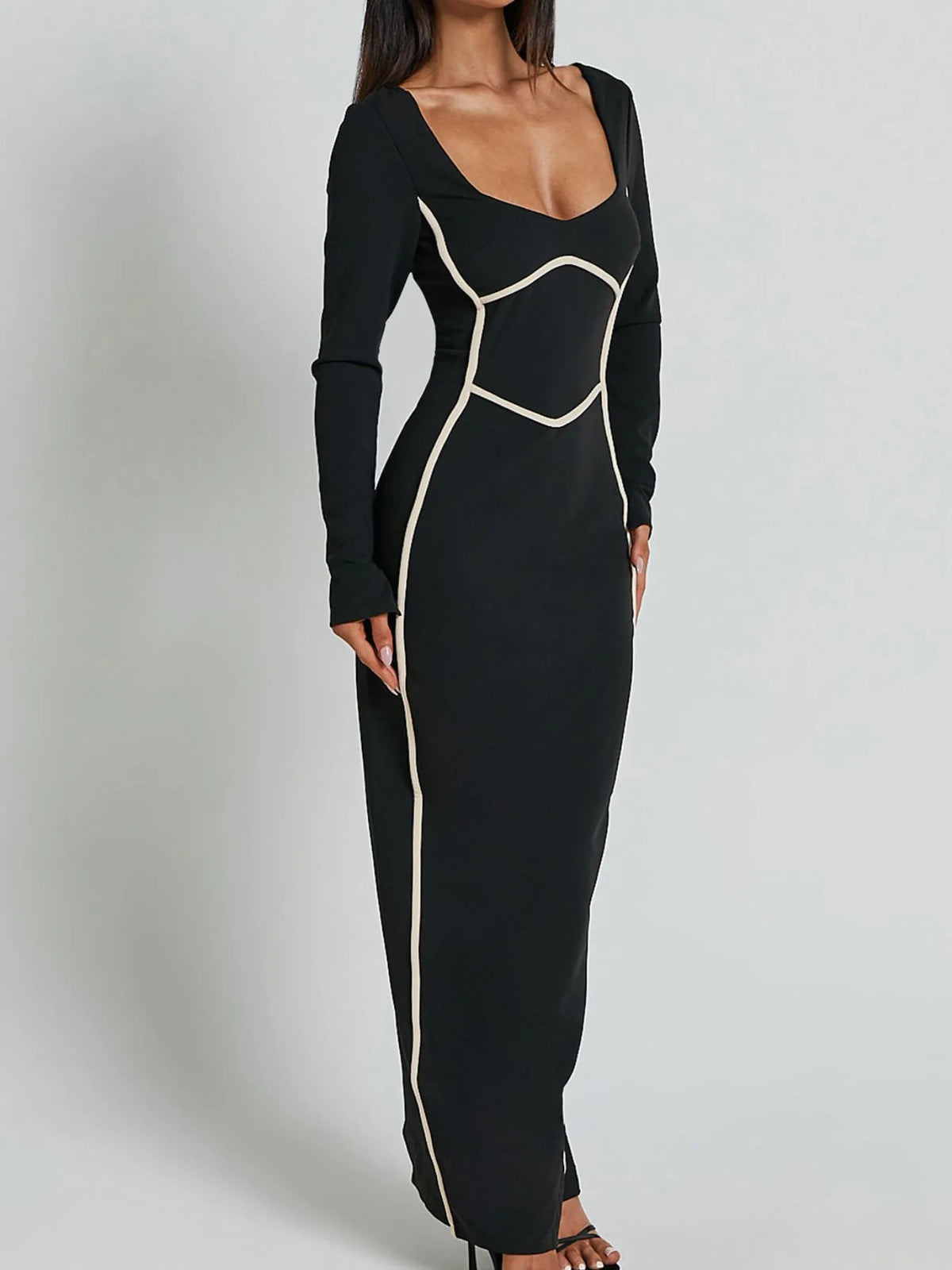 Contrast Trim Bodycon Maxi Dress in Black