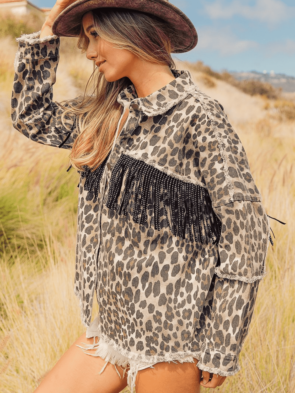 Leopard Fringe Detail Collared Denim Jacket