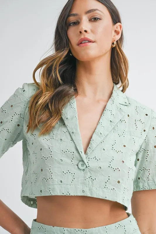 Eyelet Crop Top and Shorts Set in Mint