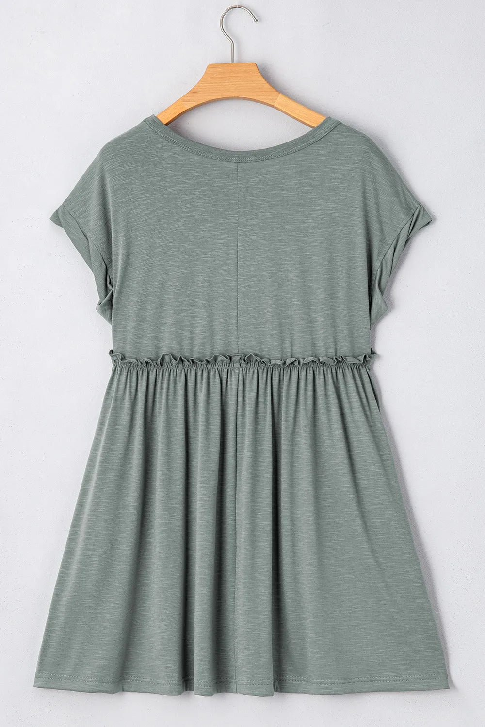 Frilled Round Neck T-Shirt Dress in Sage