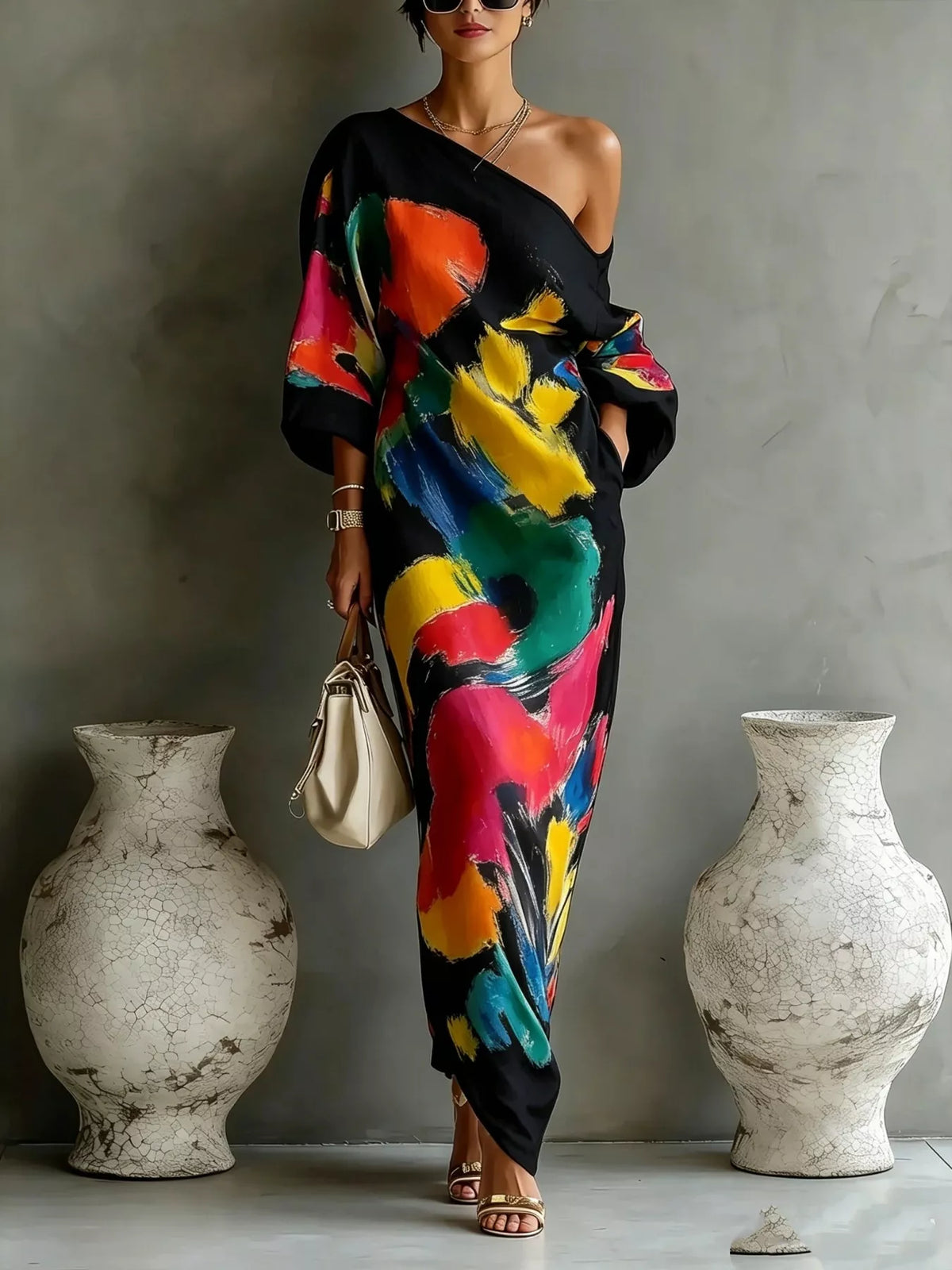 One-Shoulder Abstract Print Maxi Dress by Kaelinne