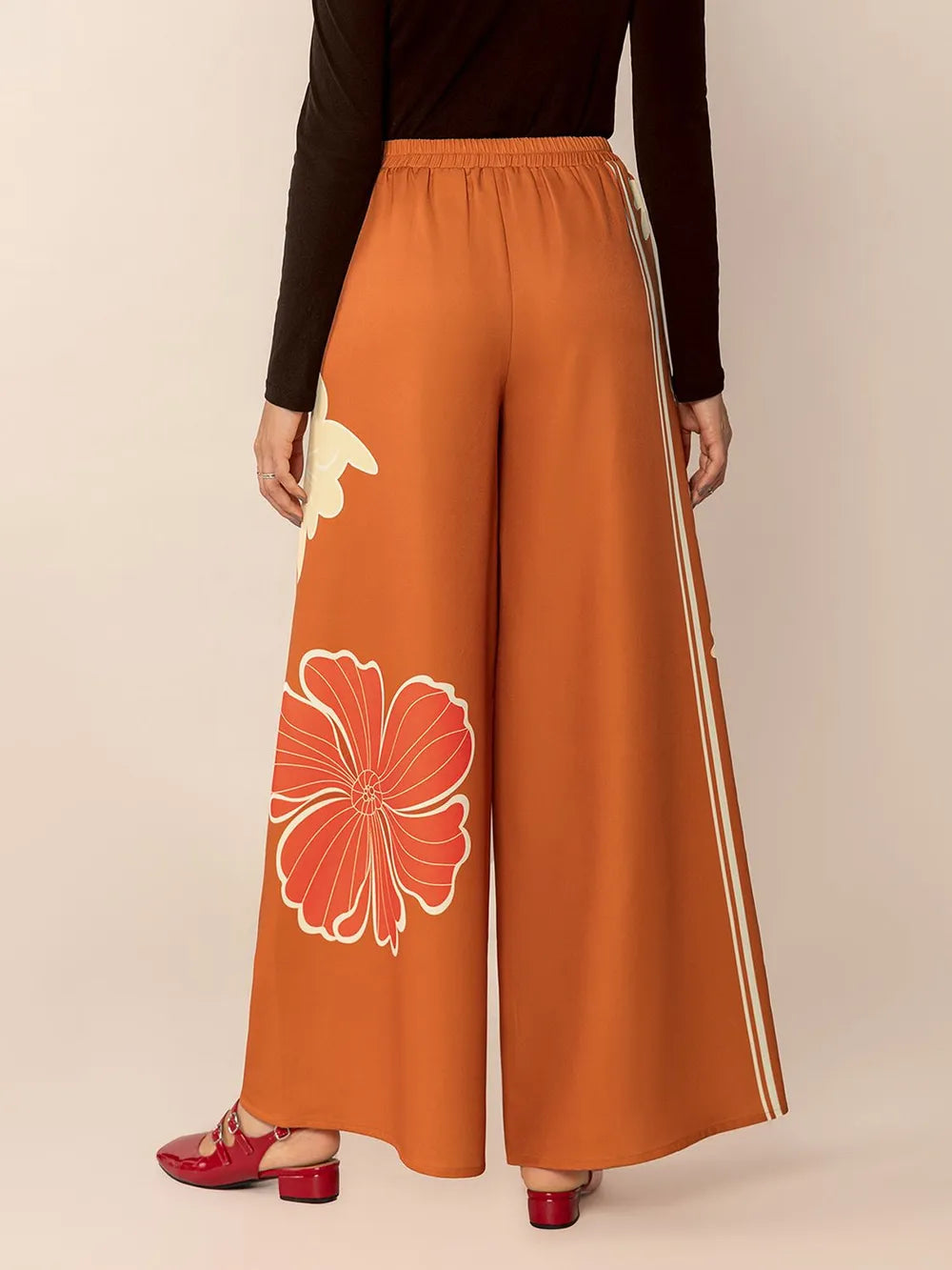 Printed Elastic Waist Wide Leg Pants in Tangerine