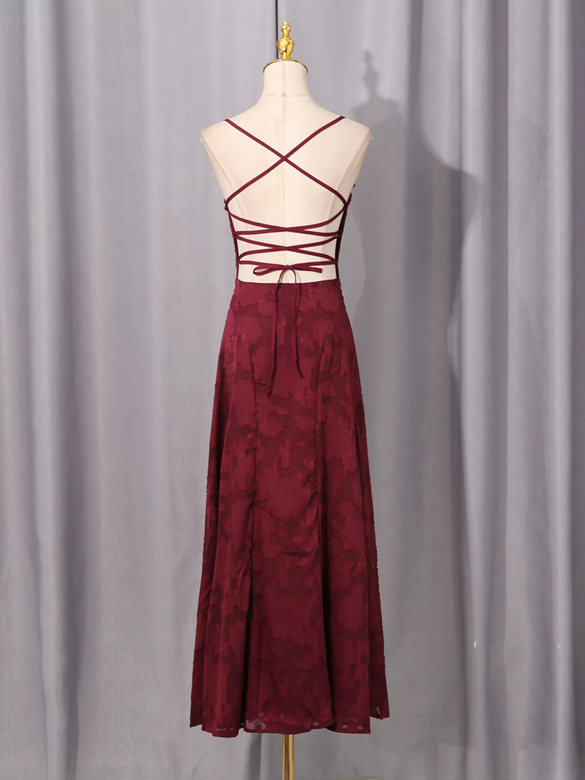 Lace-Up Spaghetti Strap Maxi Dress in Burgundy