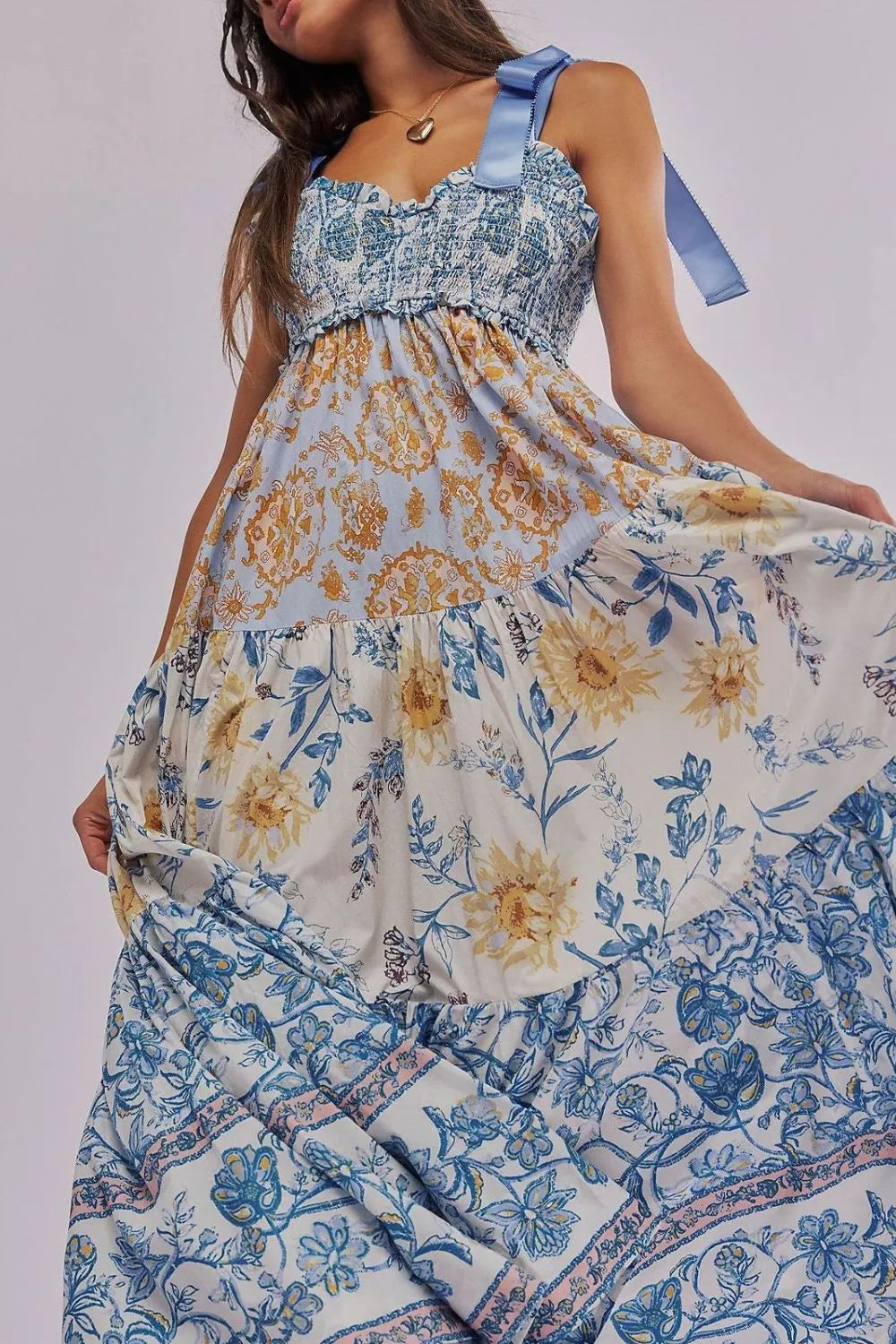 Floral Tiered Maxi Dress with Mixed Print