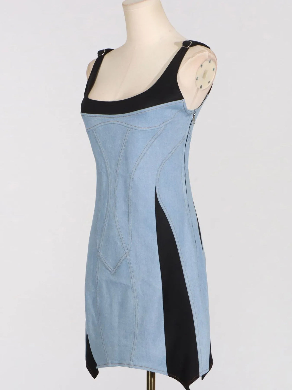Contrast Adjustable Strap Denim Dress in Blue