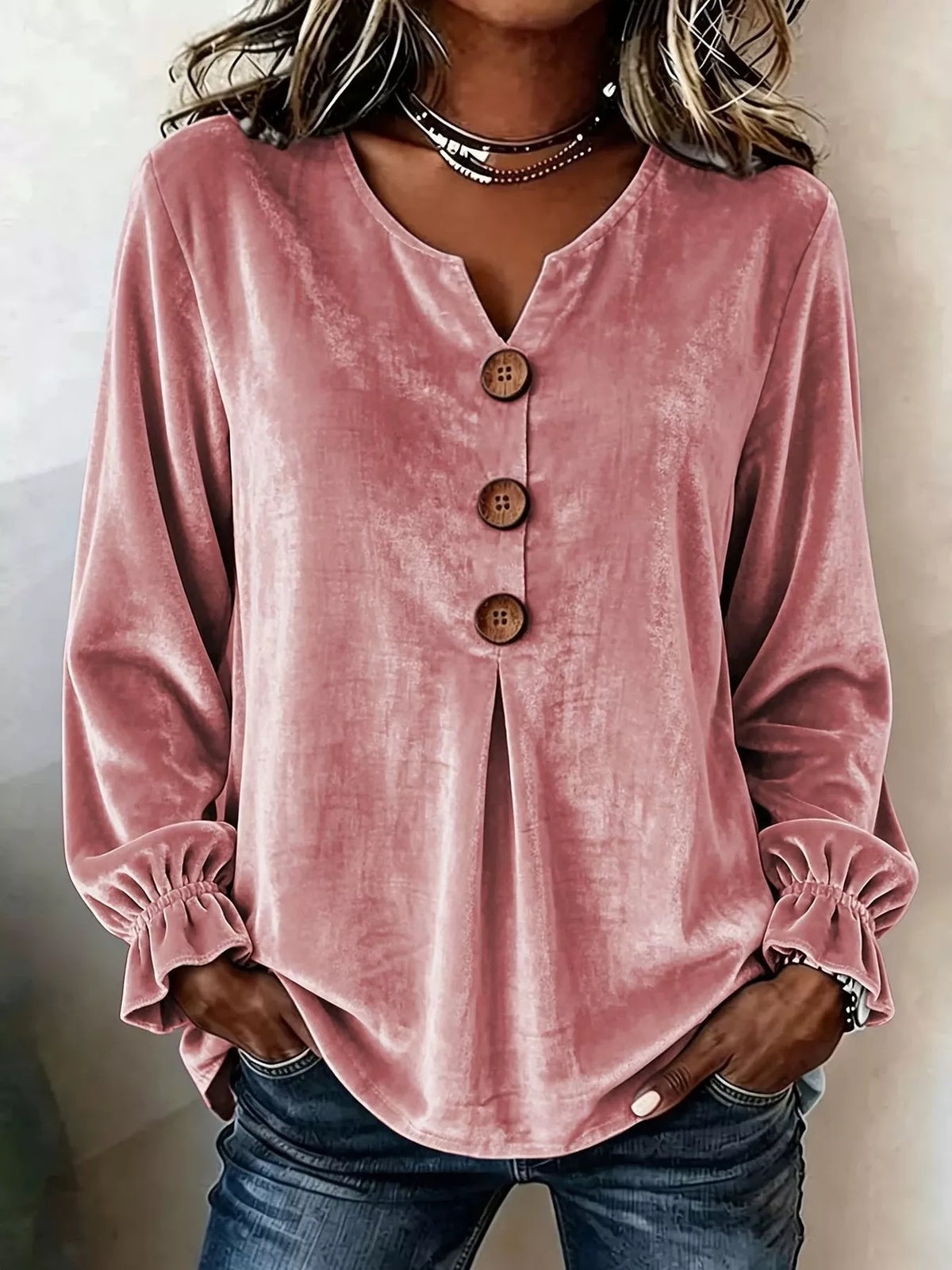 Velvet Button Decor Blouse with Ruffled Cuffs