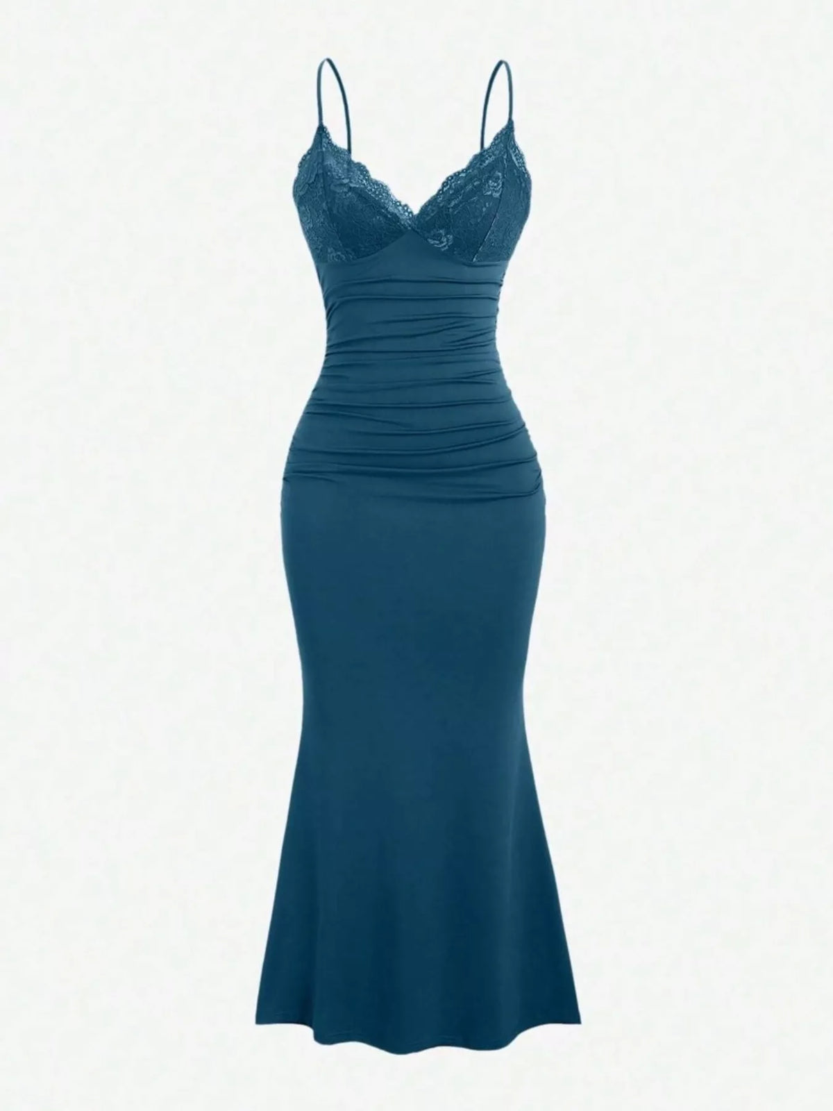 Lace Trim Ruched Mermaid Dress by Elegant Elements