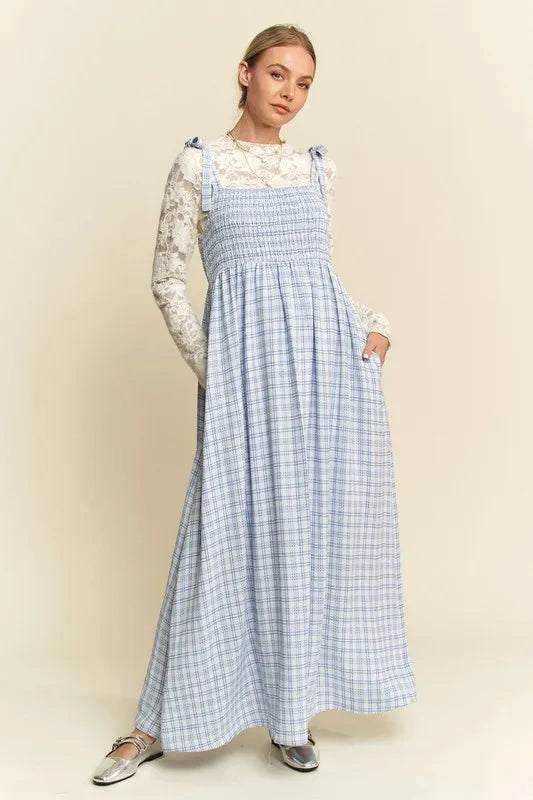 Plaid Smocked Maxi Dress in Blue