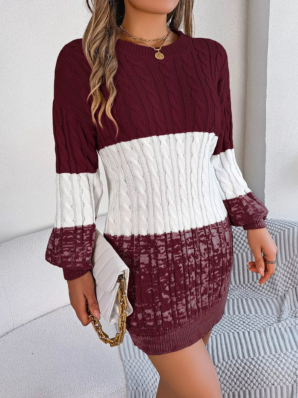 Color Block Cable Knit Sweater Dress