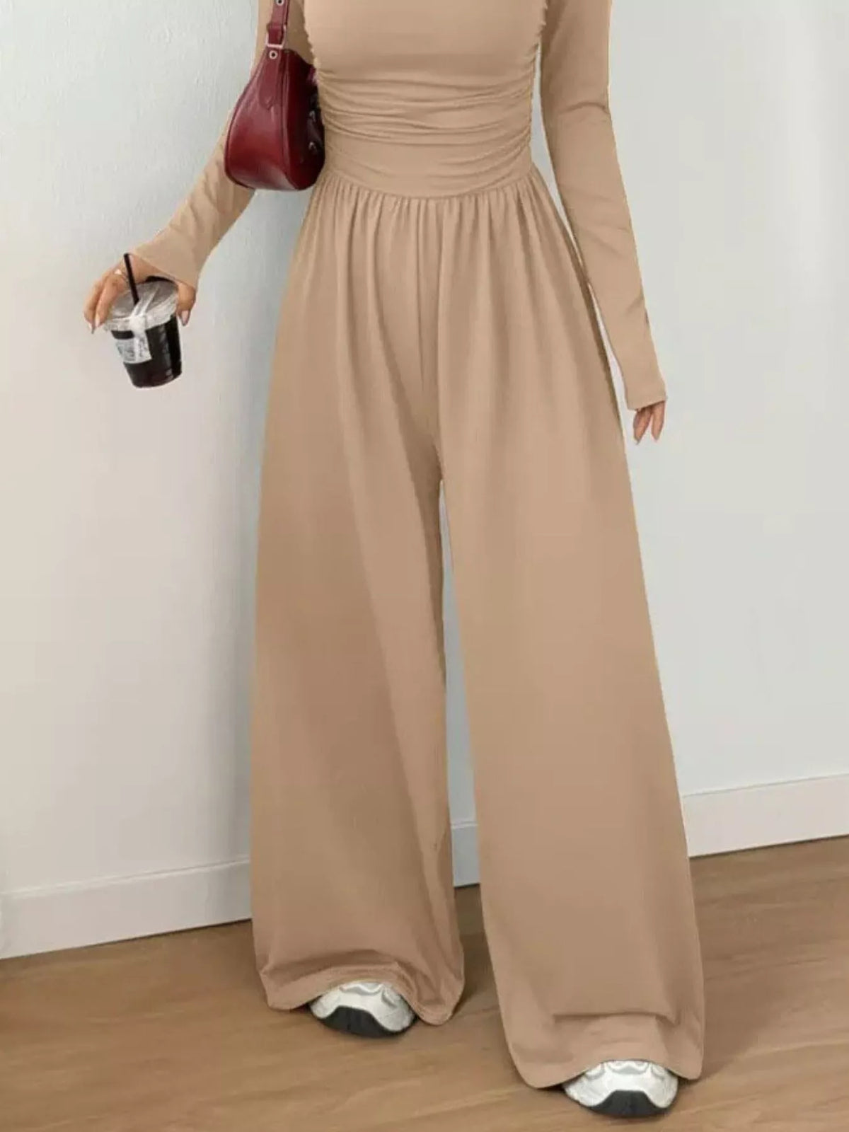 Scoop Neck Ruched Wide Leg Jumpsuit