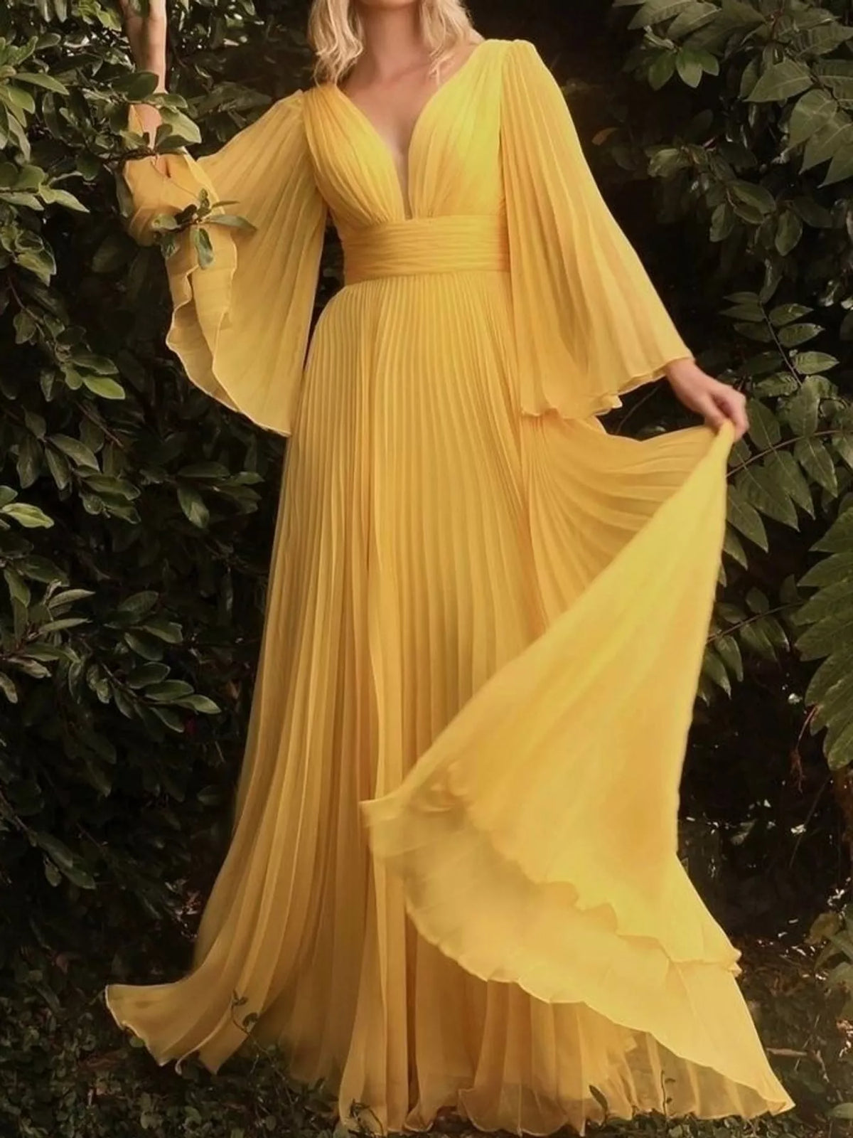 Sheer Pleated V-Neck Maxi Dress