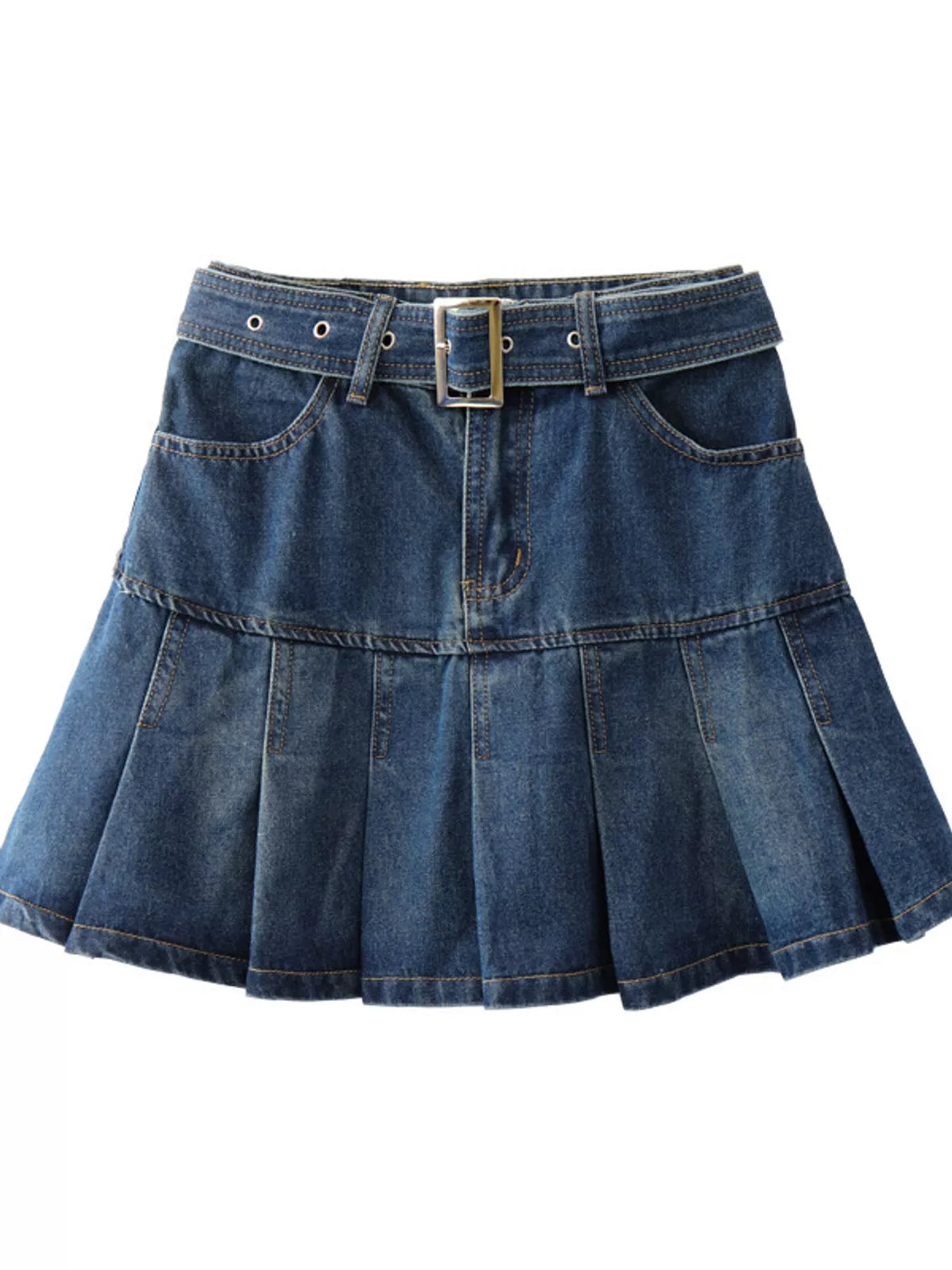 High-Waisted Pleated Denim Skirt in Vintage Blue
