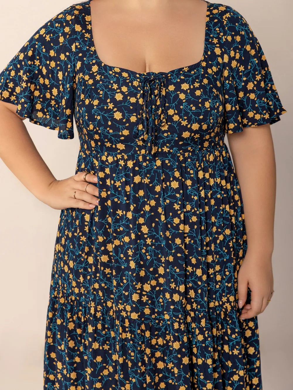 Printed Short-Sleeve Tiered Maxi Dress in Black