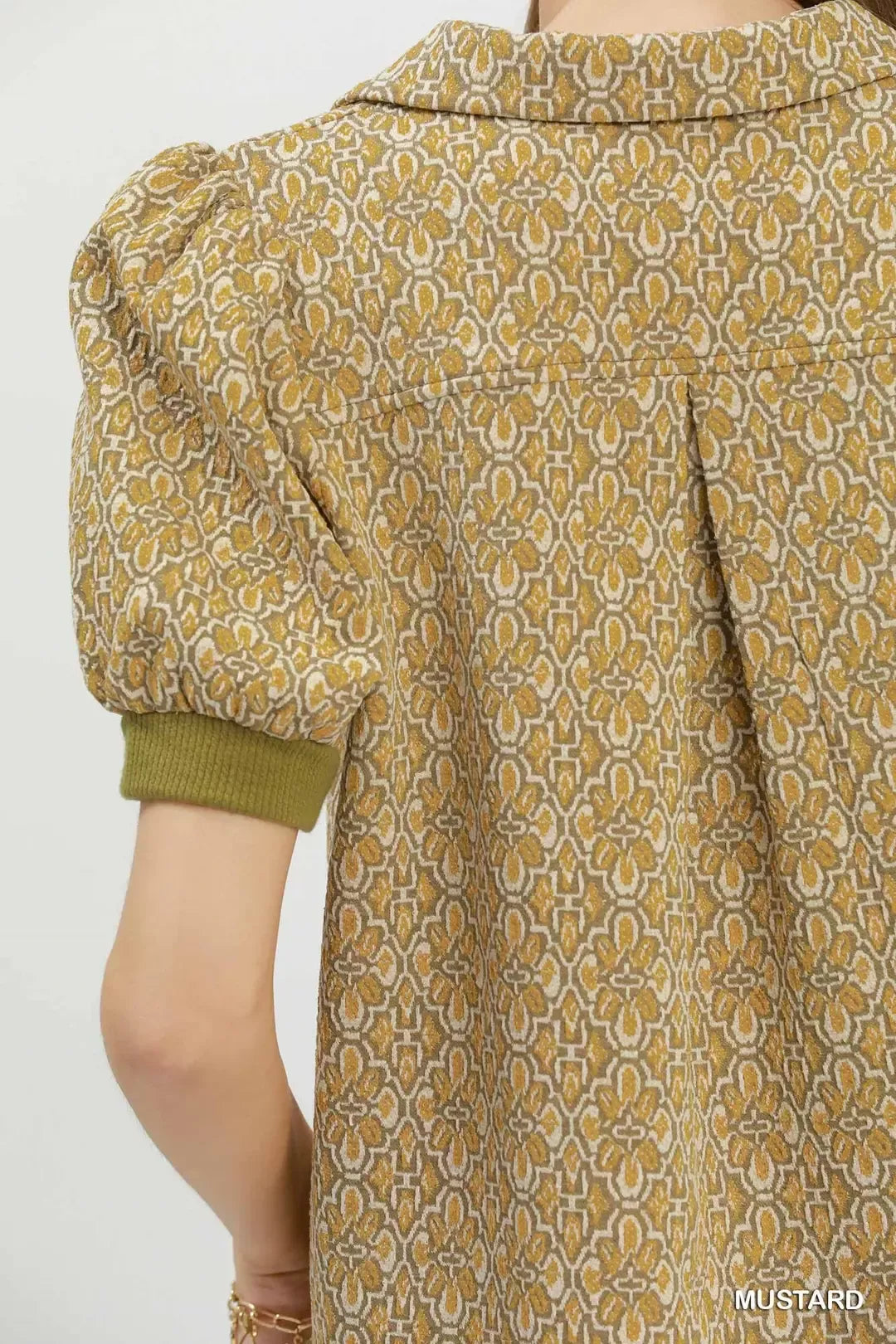 Umgee Printed Collared Puff Sleeve Top in Mustard