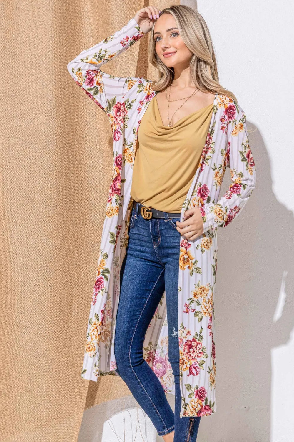 And The Why Floral Kimono Cardigan in Burgundy Stripe