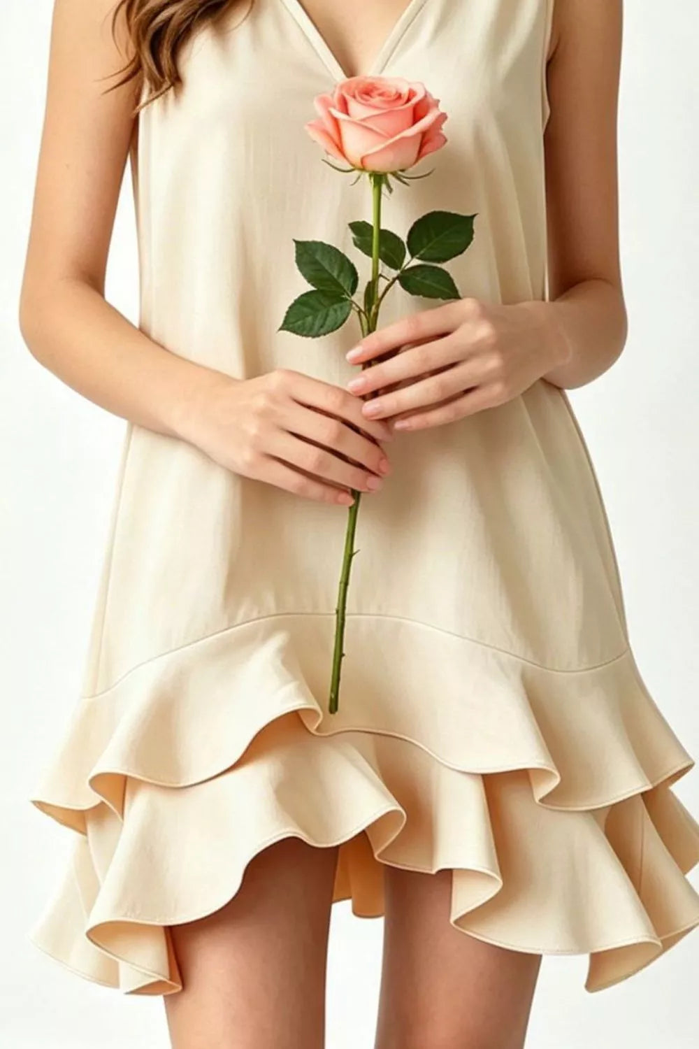 Sleeveless V-Neck Ruffle Hem Mini Dress in Taupe