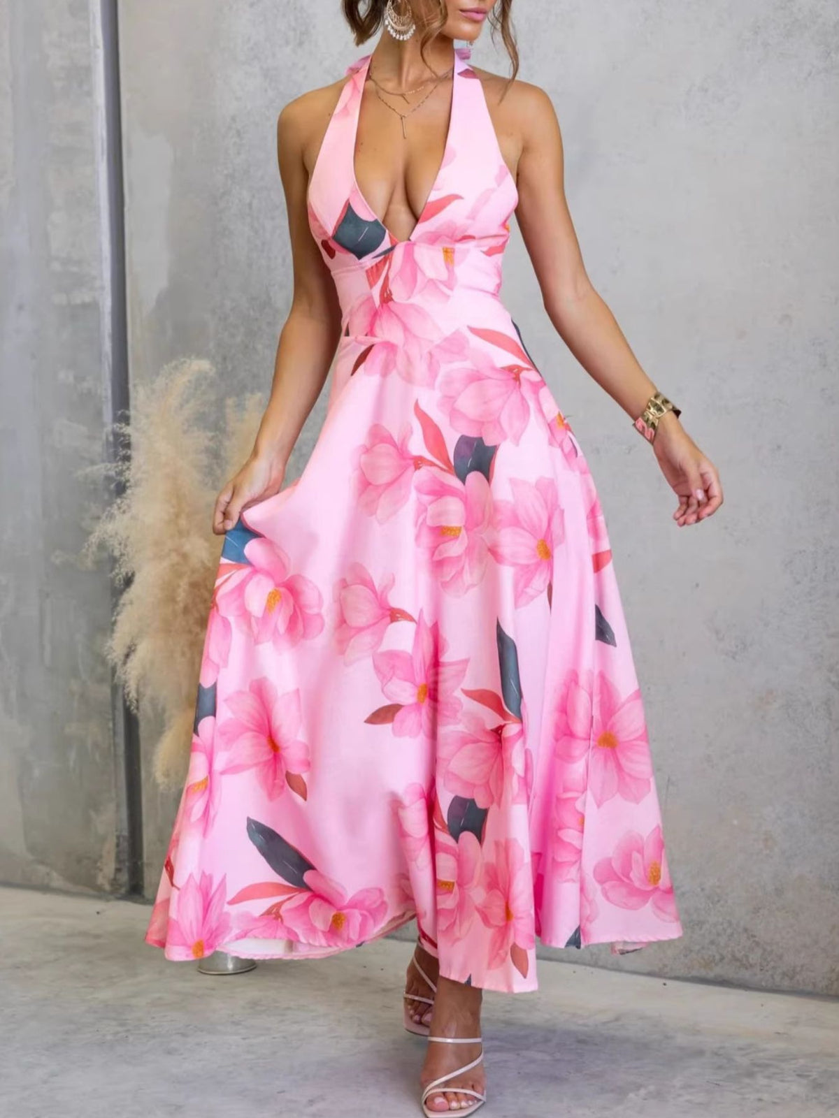 Floral Print Lace-Up Halter Maxi Dress