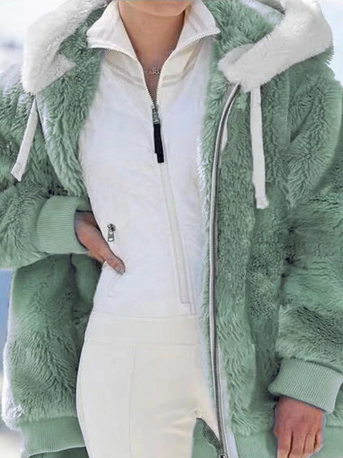 Faux Fur Hooded Zip-Up Jacket in White