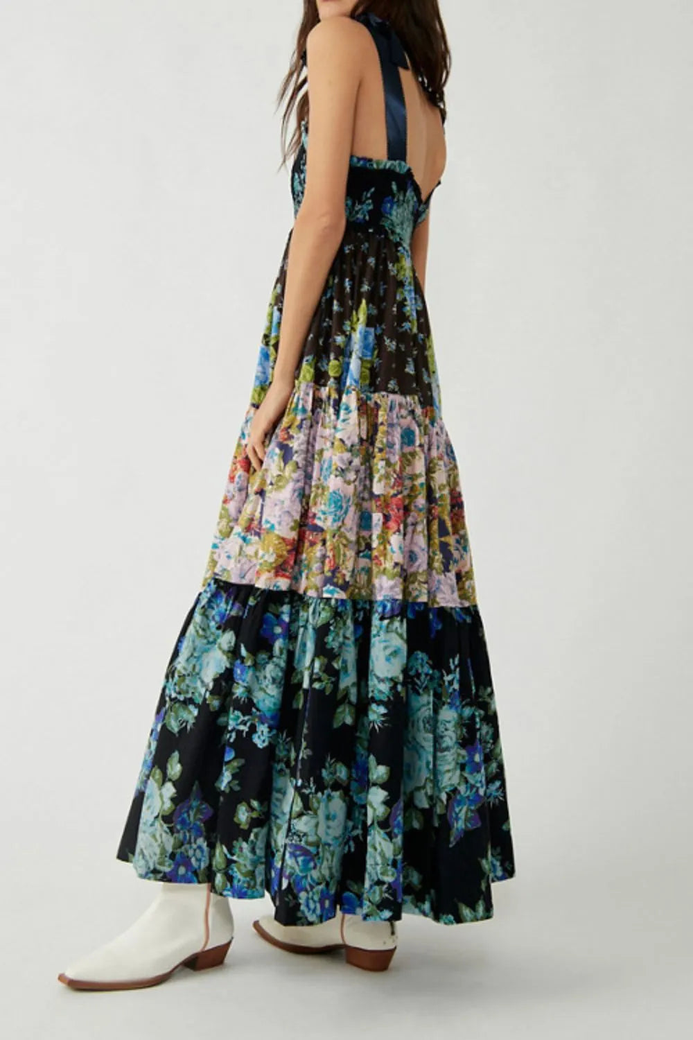 Floral Tiered Maxi Dress with Mixed Print