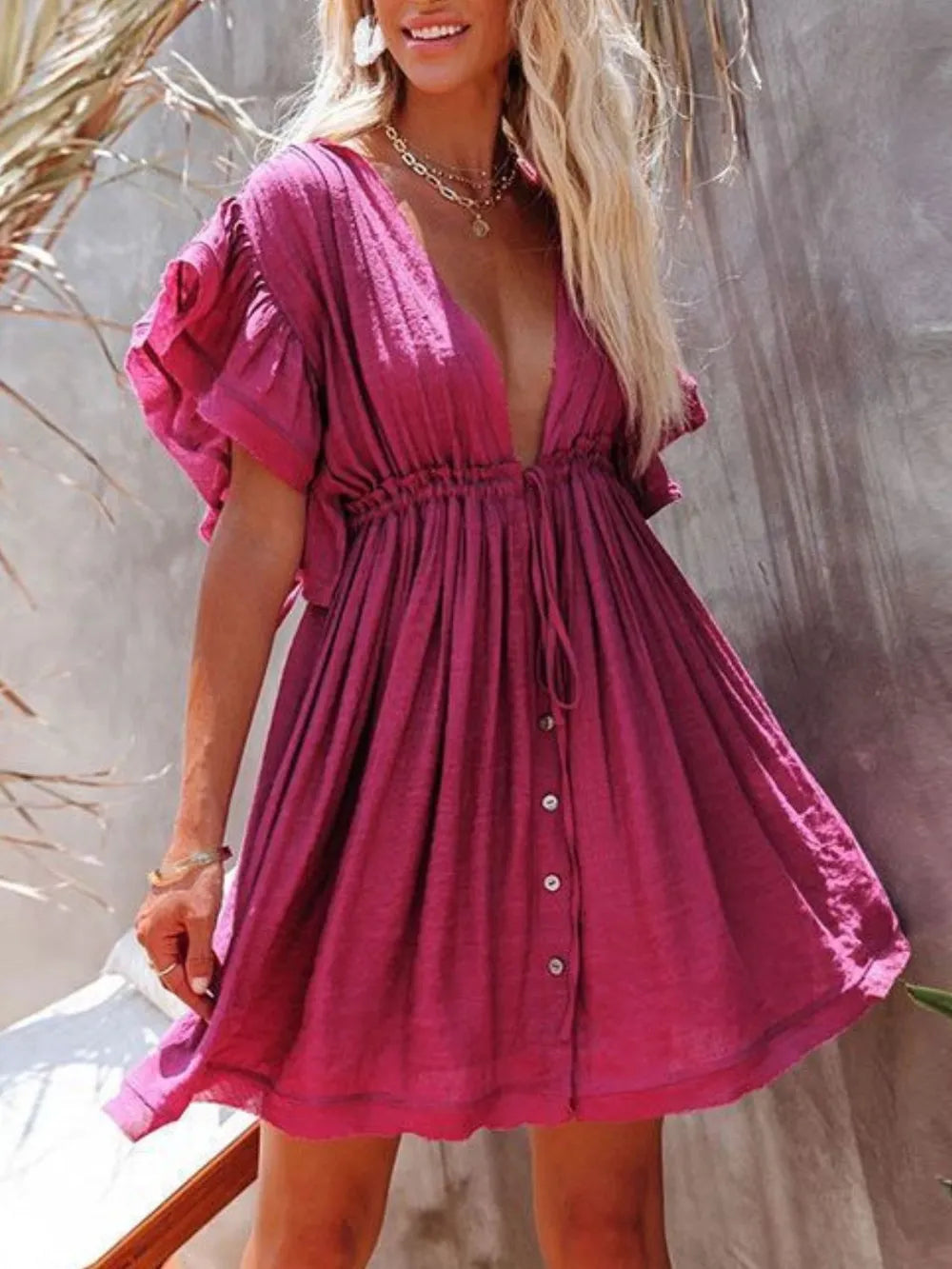 Drawstring Ruffled Mini Dress