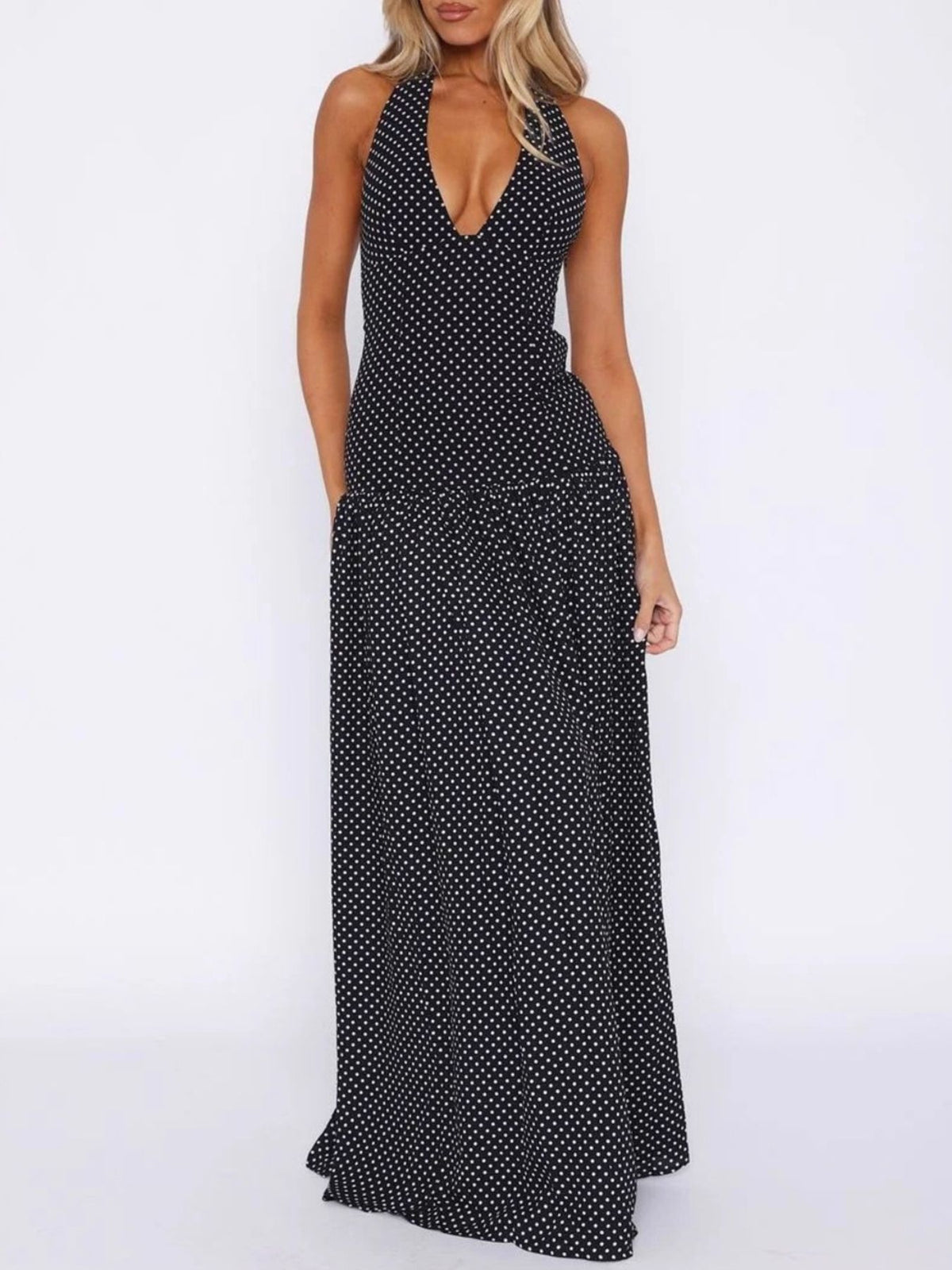 Polka Dot Halter Neck Maxi Dress in Black