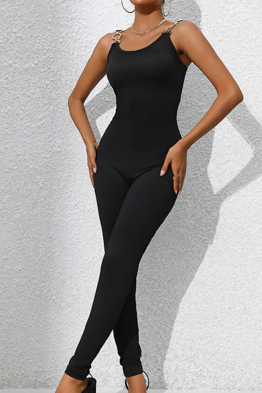 Scoop Neck Wide Strap Skinny Jumpsuit in Black