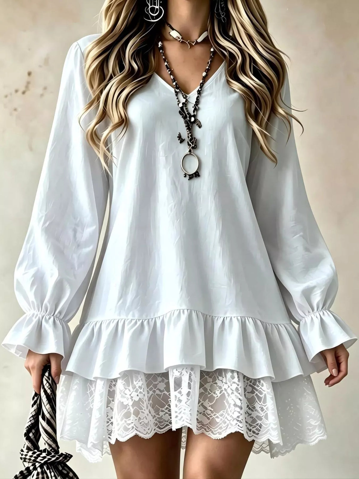 Lace Hem Flounce Sleeve Dress