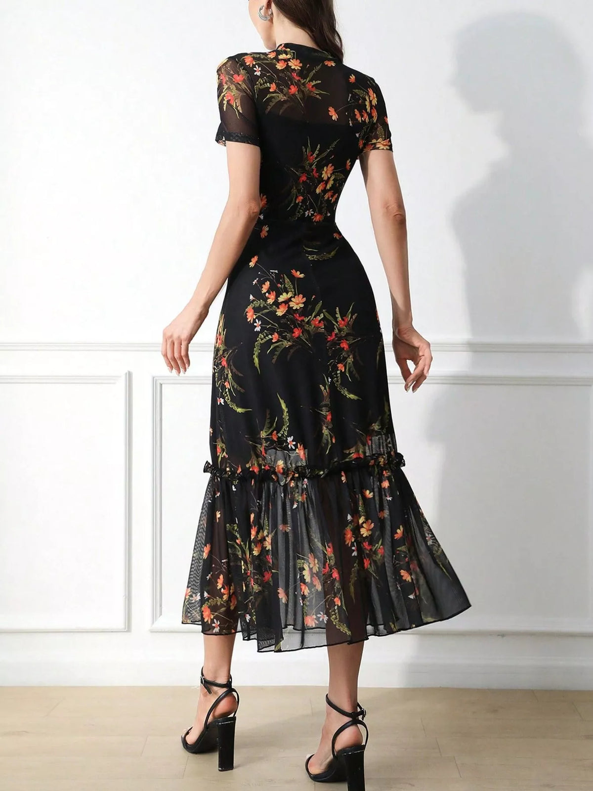 Floral Sheer Overlay Midi Dress in Black
