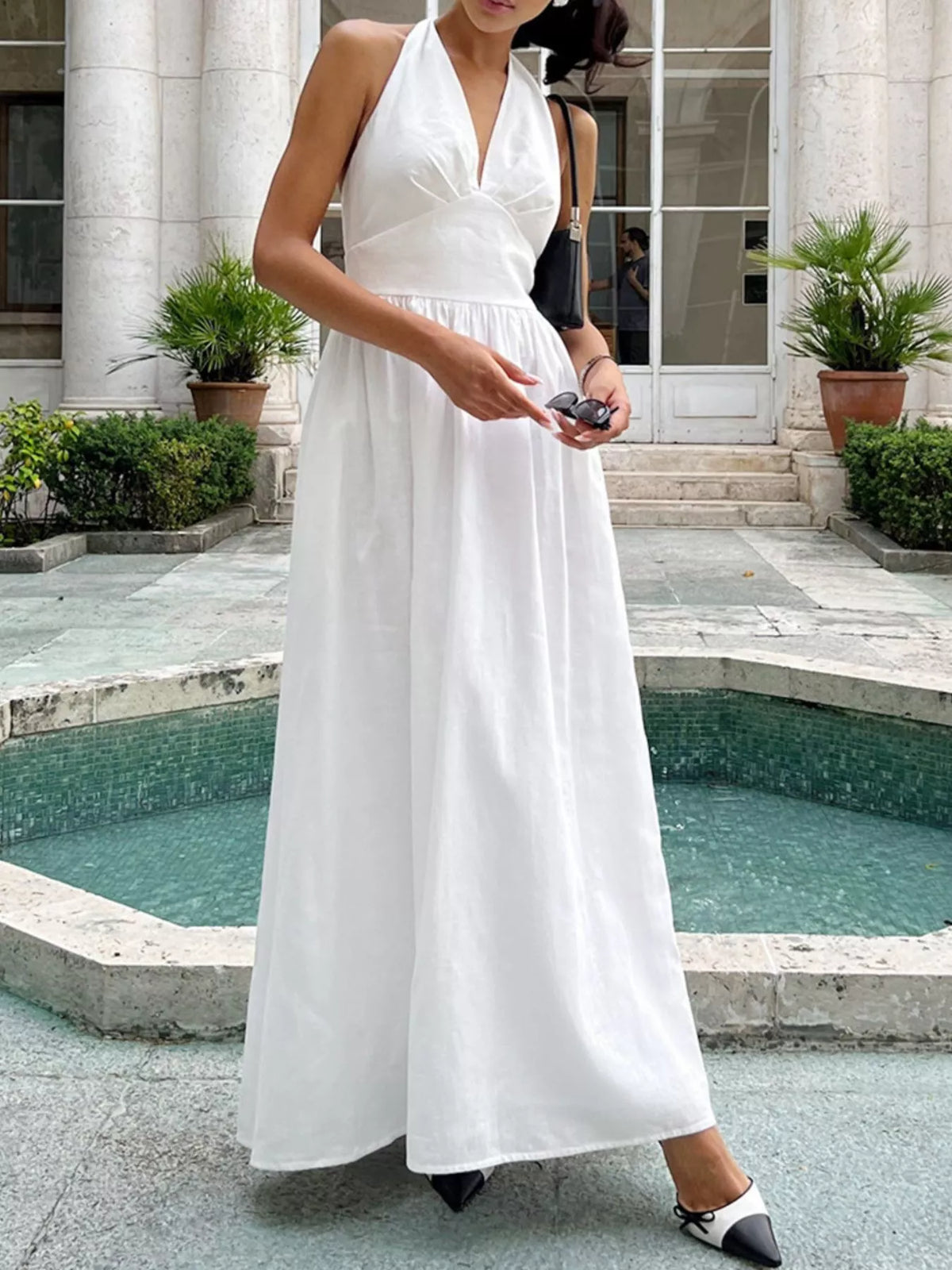 Halter Neck Flowy Maxi Dress in White by Calliope