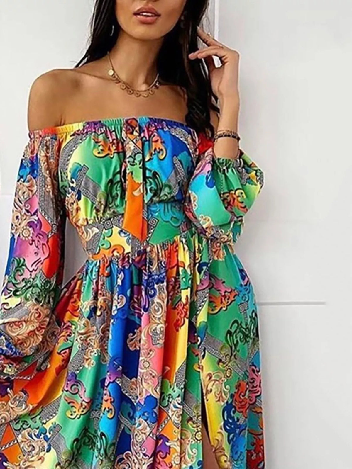 Printed Off-Shoulder Maxi Dress with Slit