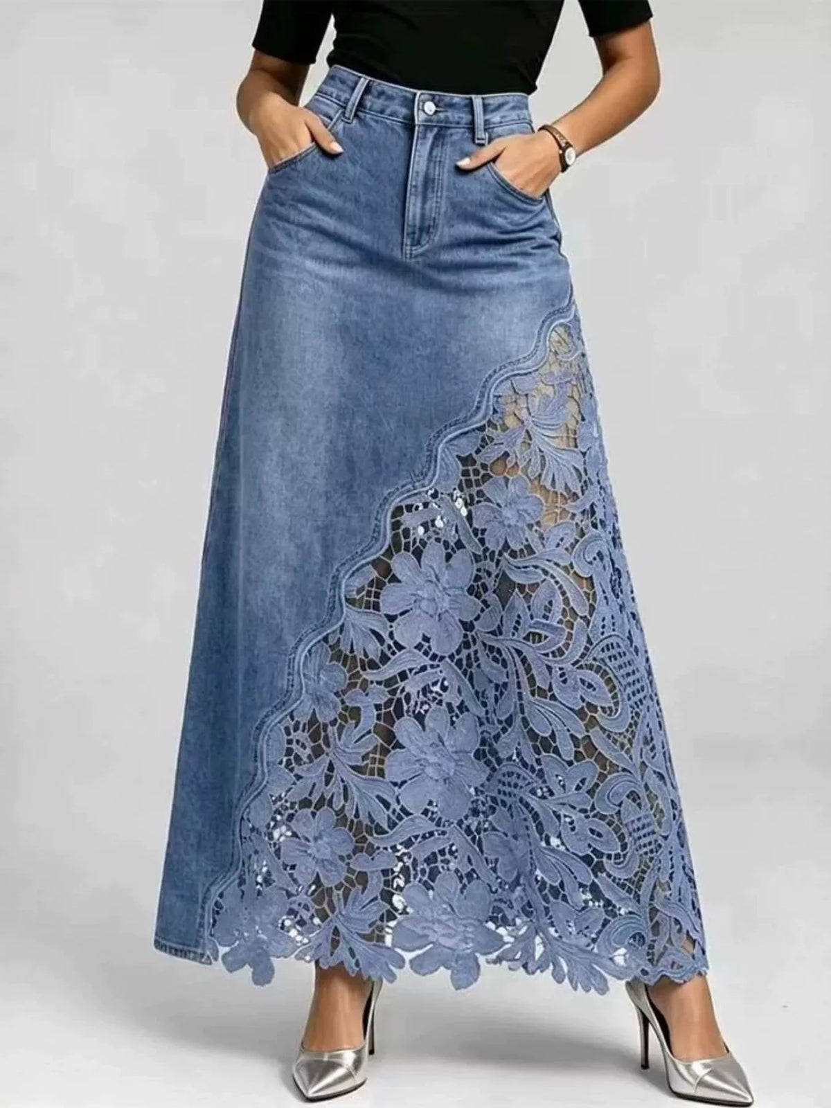 High-Waisted Lace-Detail Denim Skirt