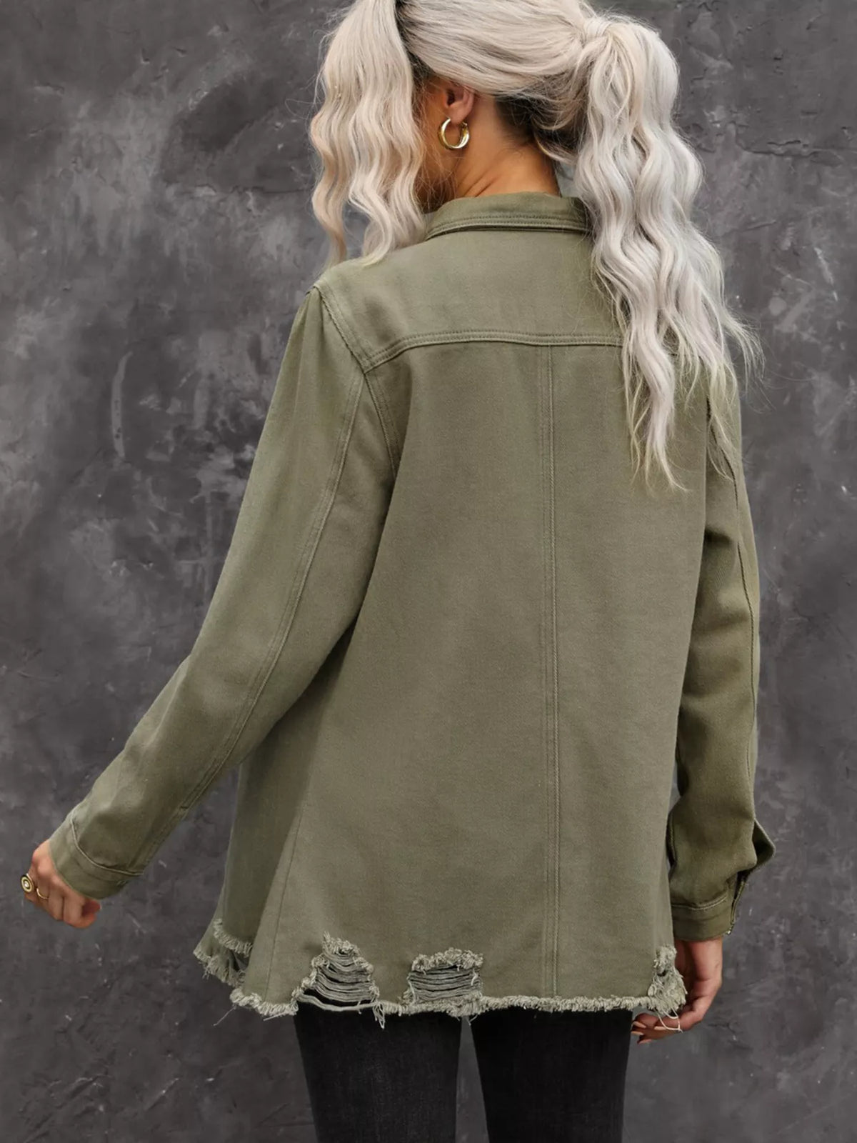 Distressed Raw Hem Denim Shirt Jacket in Army Green