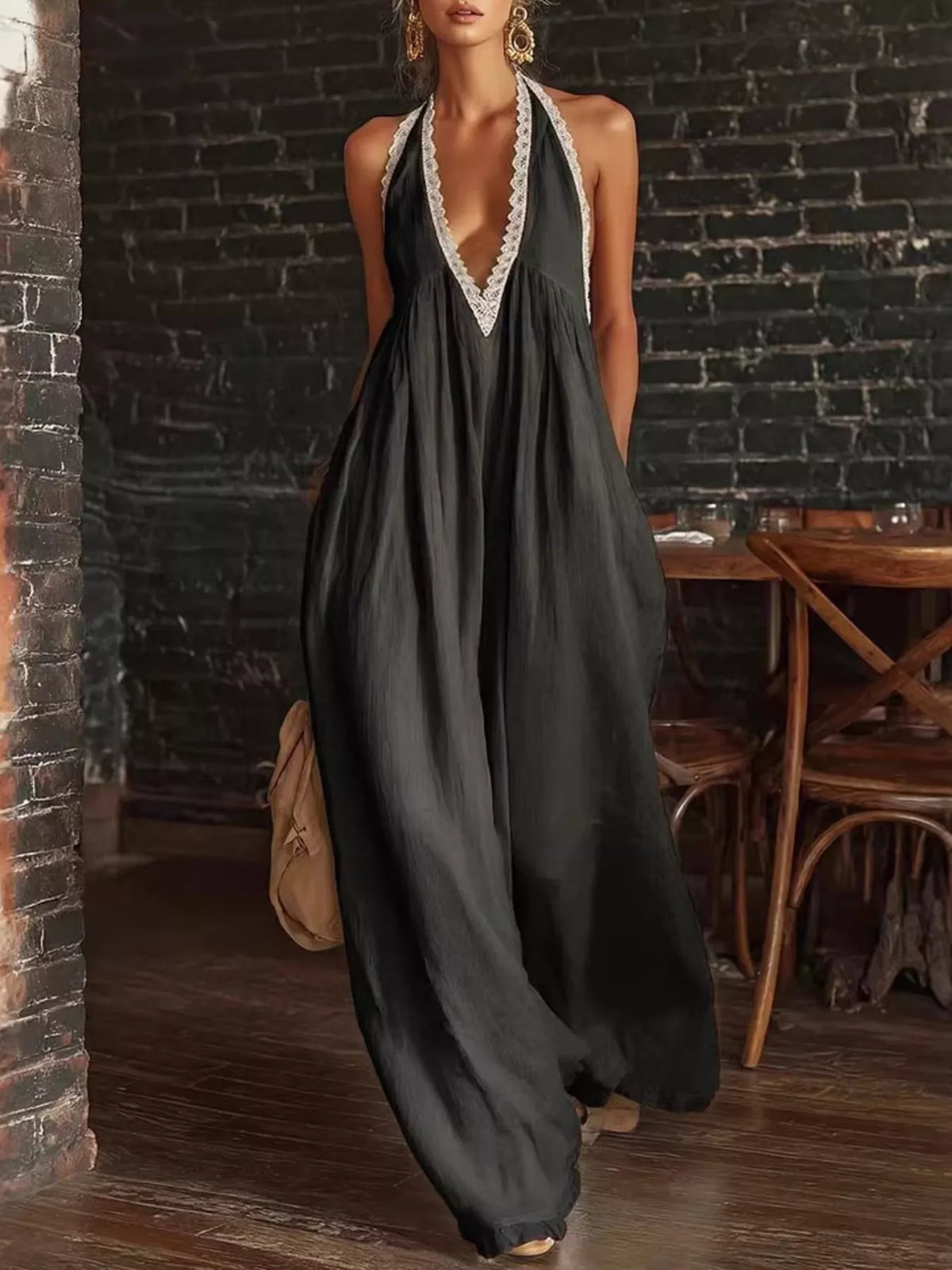 Halter Neck Lace-Trim Wide-Leg Jumpsuit