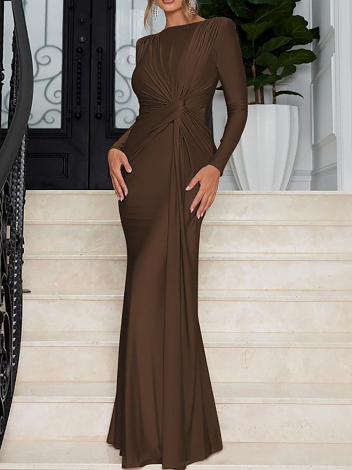 Ruched Knot-Front Long Sleeve Maxi Dress