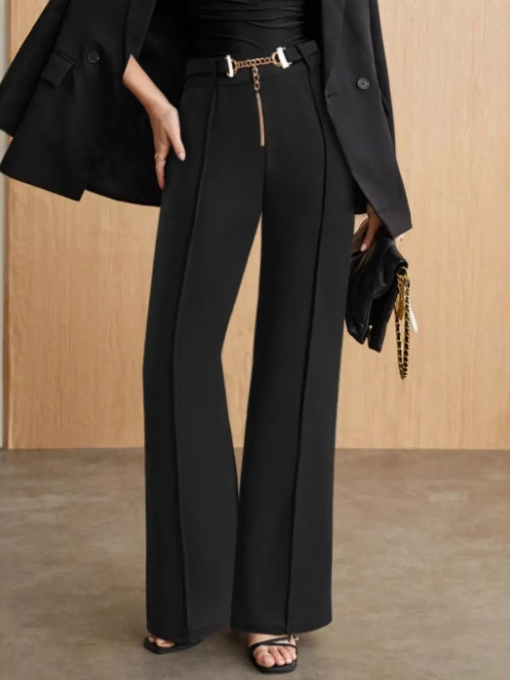 Chain-Detail High-Waist Pants in Black
