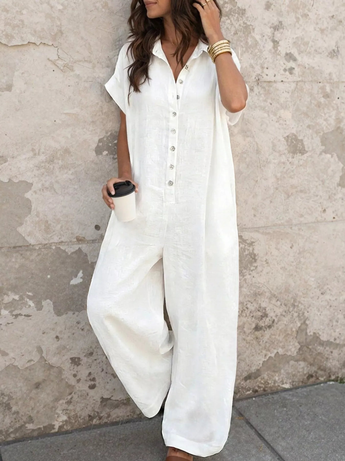 Classic Button-Front Short Sleeve Jumpsuit