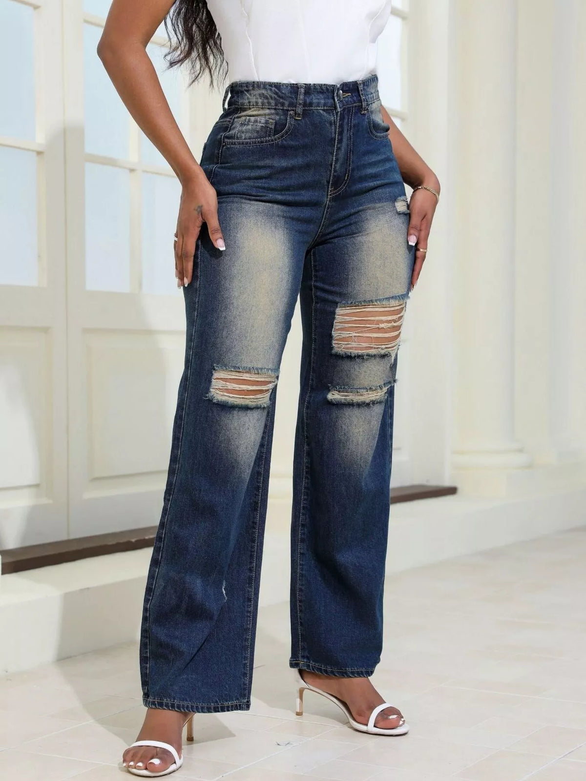 High-Waisted Distressed Wide-Leg Jeans