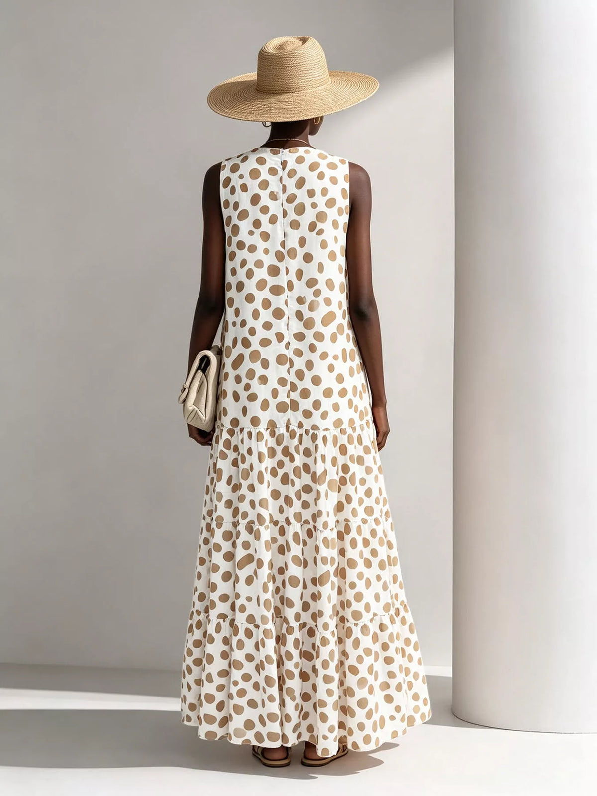 Polka Dot Tiered Maxi Dress in Beige