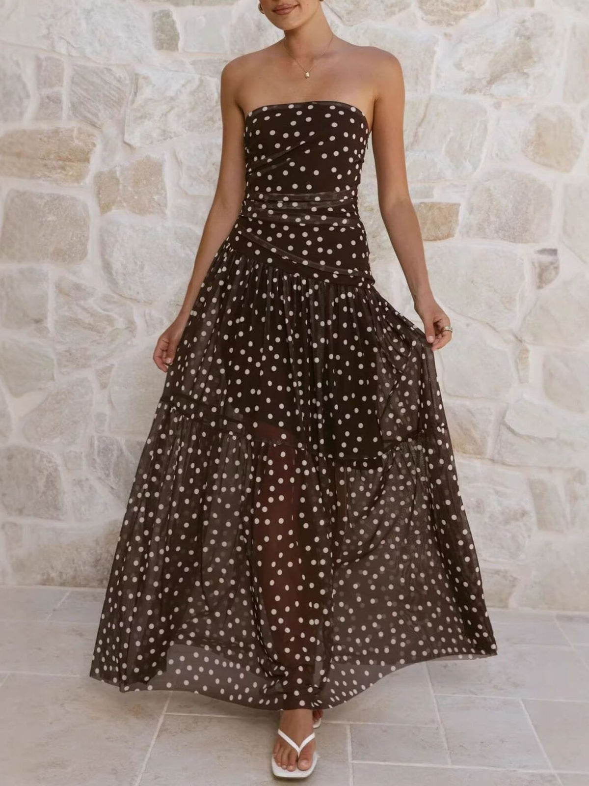 Polka Dot Strapless Ruched Maxi Dress