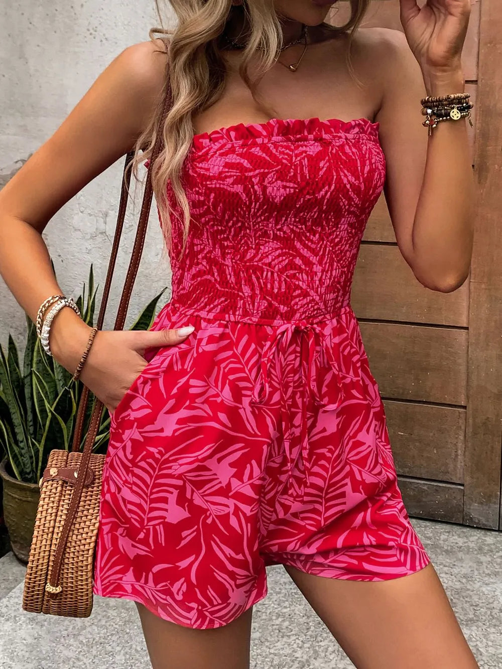 Smocked Tube Romper with Pockets in Strawberry