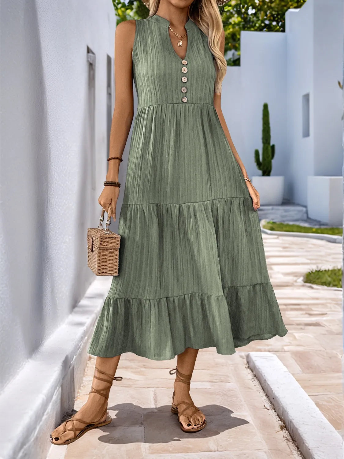 Notched Neckline Tiered Midi Dress