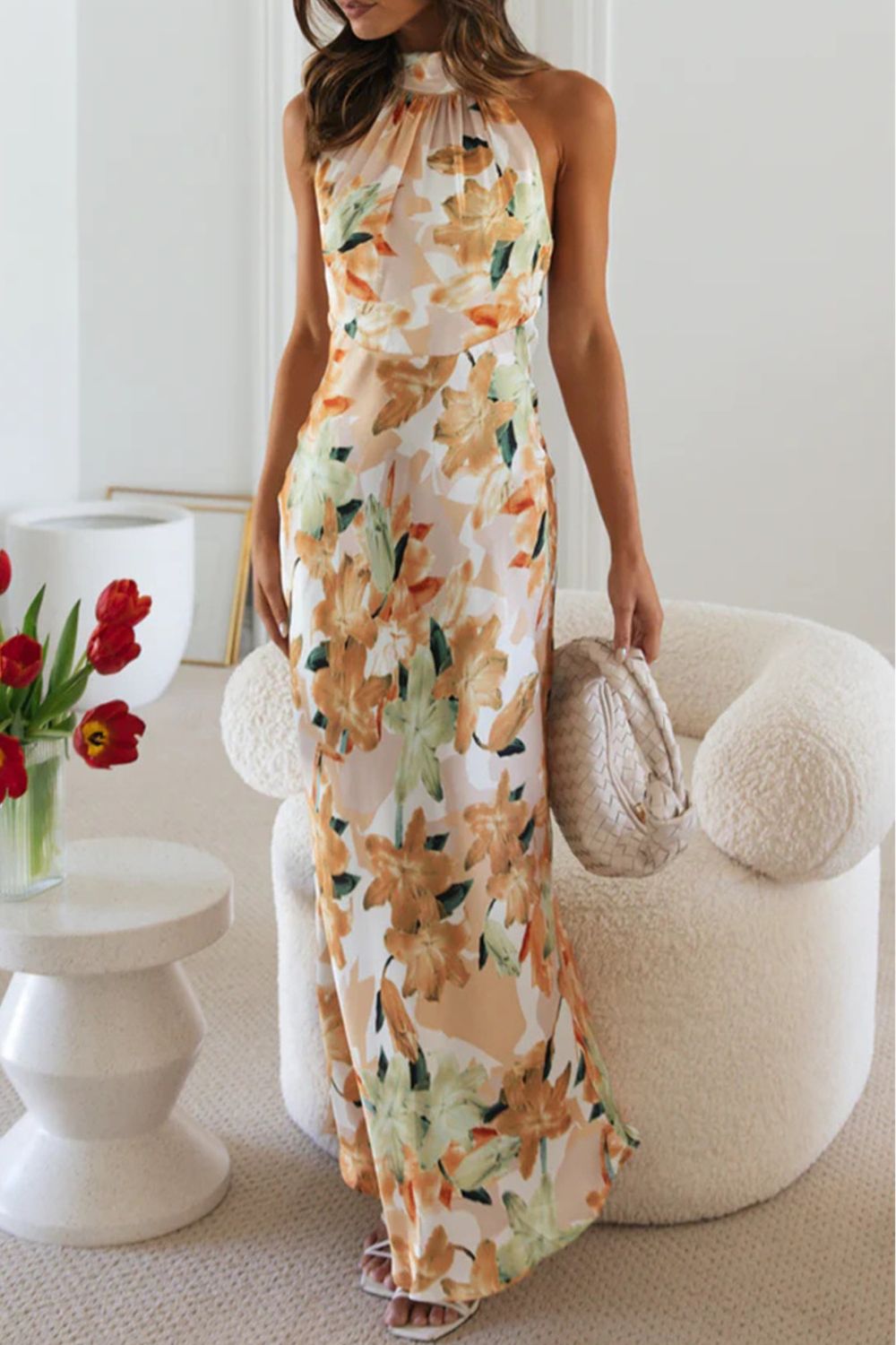 Floral Halter Neck Maxi Dress with Side Slit