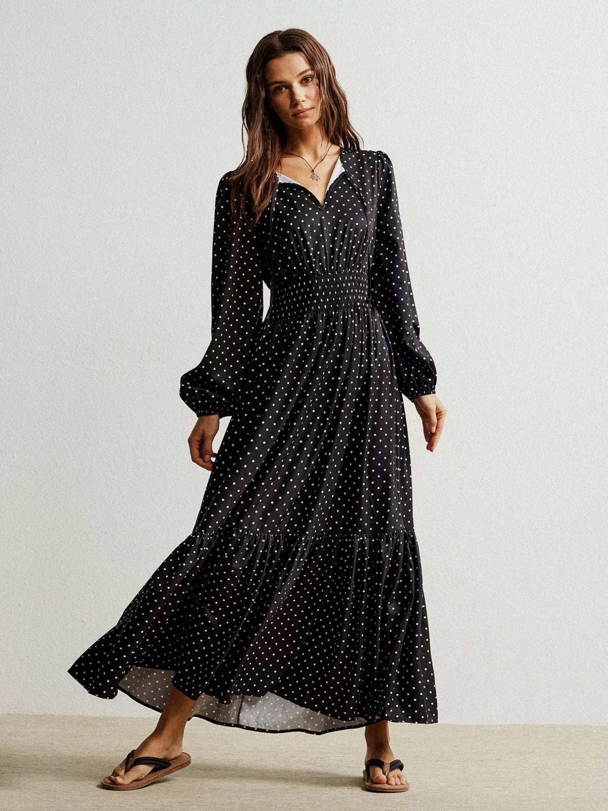Polka Dot Long Sleeve Maxi Dress in Black