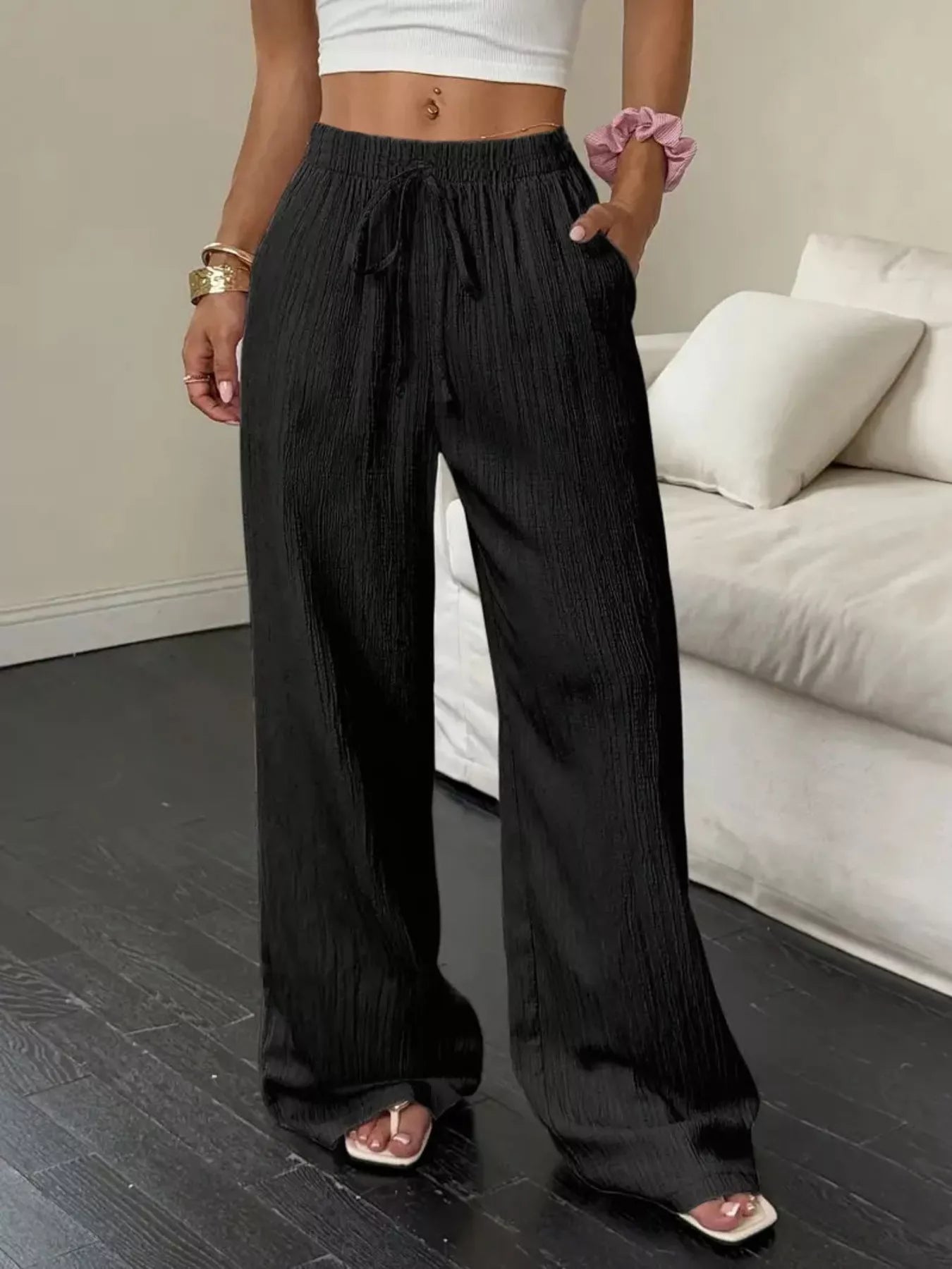 Wide Leg Drawstring Pants with Pockets